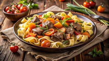 Slow-cooked beef and vegetables on a bed of ribbon pasta in rustic setting