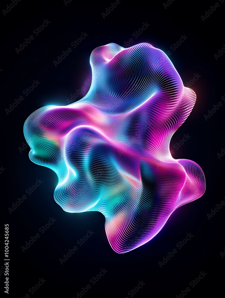 Poster a colorful abstract shape with flowing curves and vibrant hues against a dark background. a minimali