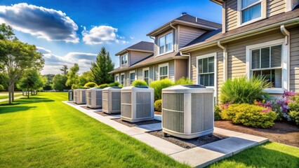 Modern HVAC Heating and Air Conditioning Residential Units for Home Comfort and Energy Efficiency in Suburban Neighborhoods with Green Landscaping and Blue Sky Background