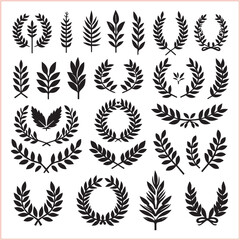 Set of black laurels frames branches Hand drawn vector laurel leaves decorative silhouette elements

