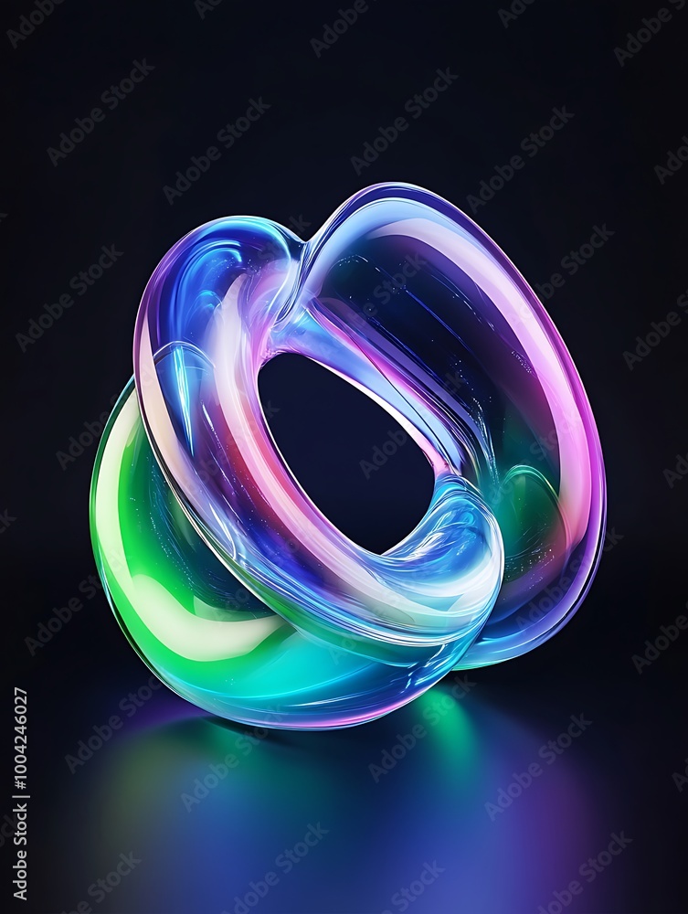 Poster a colorful, translucent abstract sculpture with flowing shapes against a dark background. a minimali
