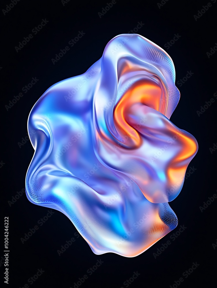 Poster a dynamic abstract shape with swirling colors of blue and orange, set against a black background, cr