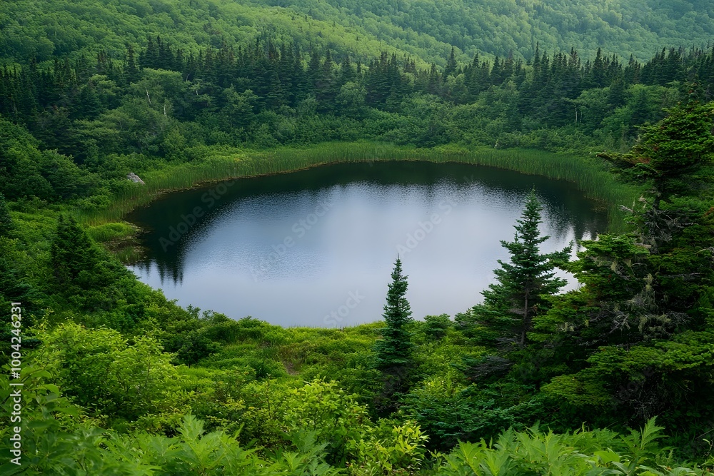 Poster placid lake nestled amidst a lush verdant forest the still surface creating a sense of tranquility a