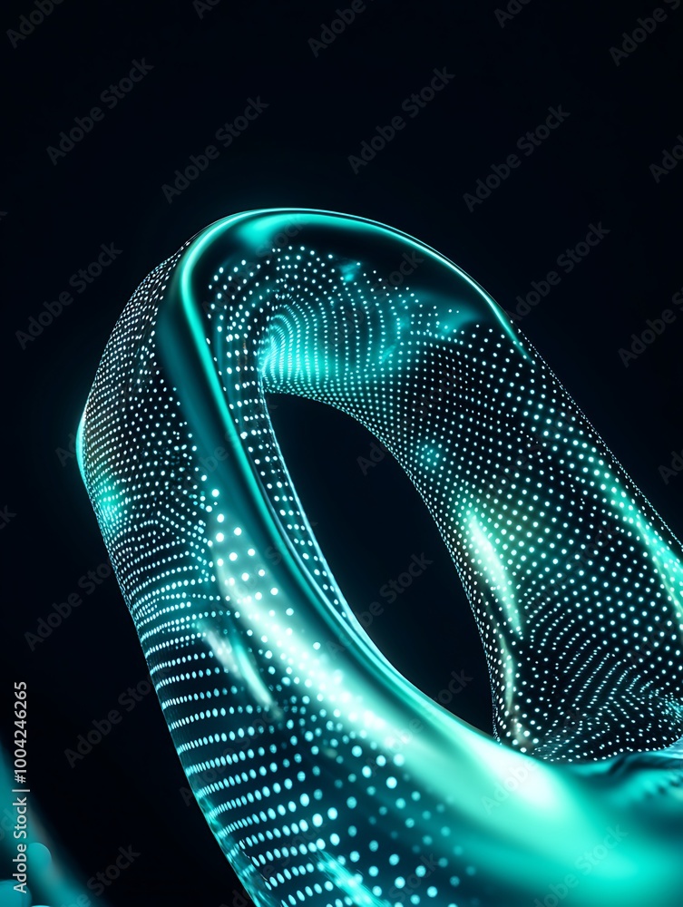 Poster a futuristic design featuring glowing lines and dots in a dynamic shape against a dark background. a