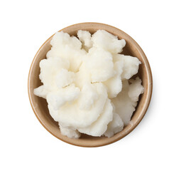 Shea butter in bowl isolated on white, top view