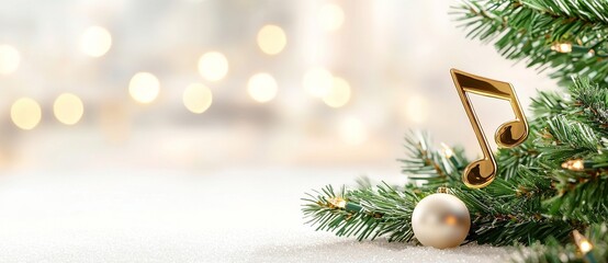 A Christmas tree decorated with notes and melody songs with a banner background. Caroling and Carolers singing a carol song on the festive day of Christmas during the winter. Church, choir, and