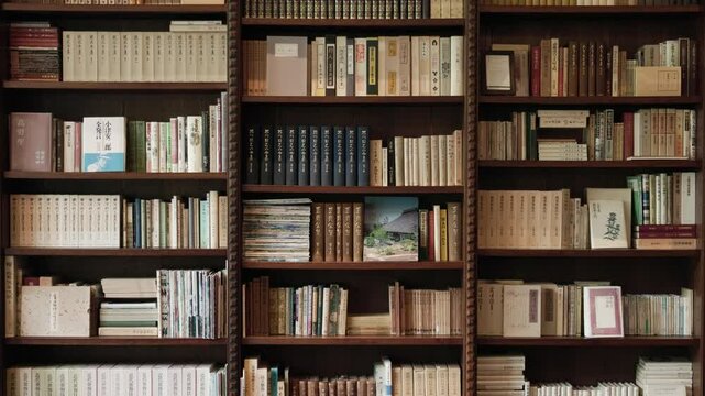 A Collection of Books Neatly Arranged on Wooden Bookshelf  |  Japan