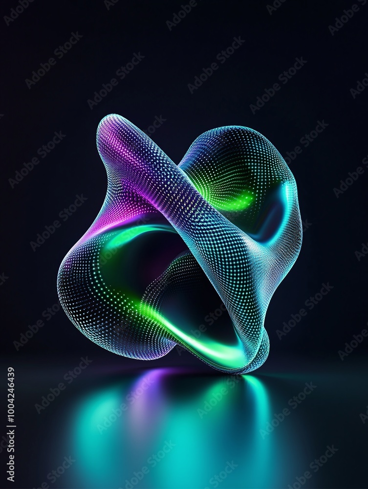 Poster a mesmerizing abstract 3d shape with luminous colors gliding on a dark surface, showcasing fluid mot