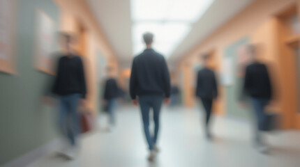 Blurred, grainy image of a school corridor full of students creating the atmosphere of the learning process