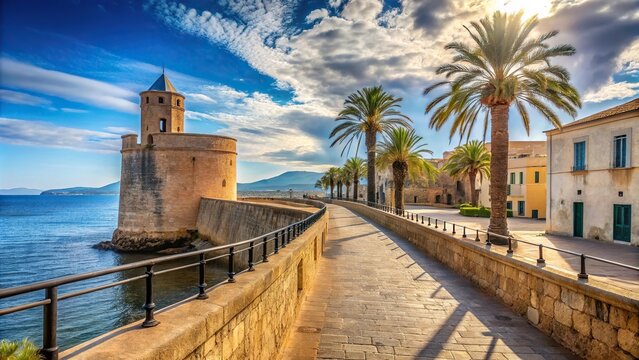 Panoramic pedestrian area on the ramparts near Sulis Tower in Alghero, Sardinia