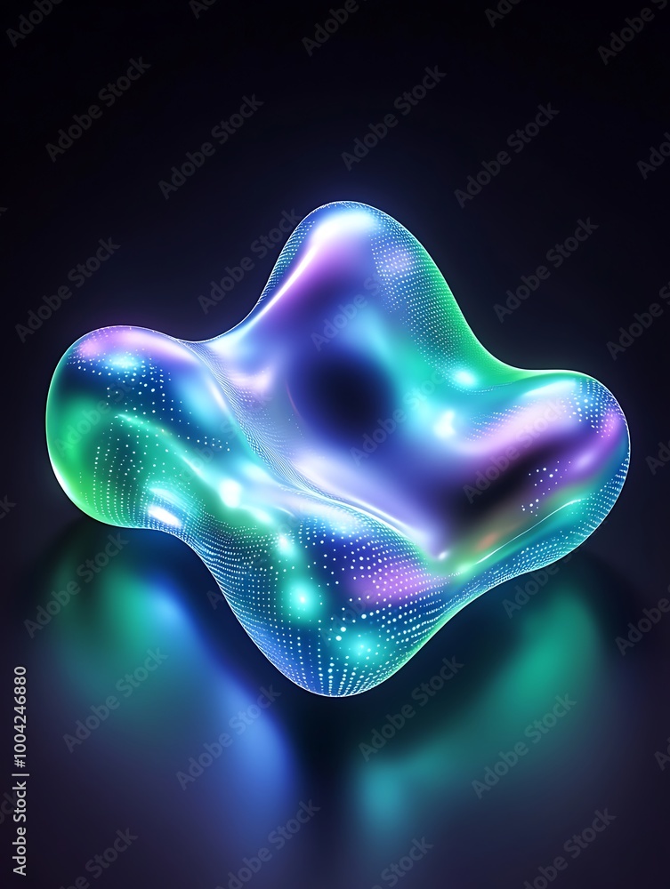 Poster A vibrant, abstract shape illuminated with colorful lights against a dark background. A minimalist poster in metallic and chrome gradient style.