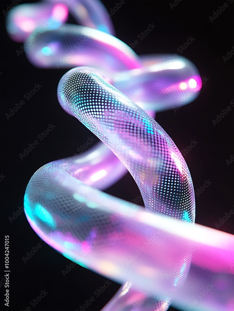 Poster a vibrant, abstract twist of colorful, translucent shapes against a dark background, creating a dyna