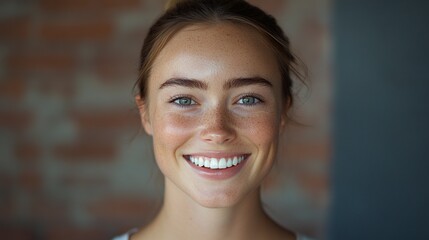 A close-up portrait of a young woman with light brown hair pulled back in a ponytail, smiling brightly. Her skin is fair and glowing, and her teeth are white and bright, generative ai