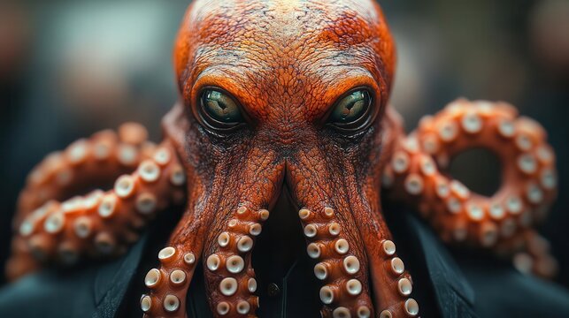 man with an imaginative octopus head wearing a sharp suit standing confidently against a surreal backdrop that challenges perceptions of identity and creativity
