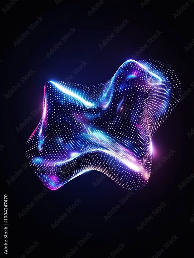 Poster a vibrant, abstract 3d shape composed of luminous points, showcasing colorful gradients against a da