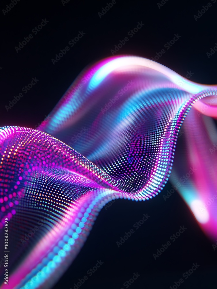 Poster a vibrant, abstract wave of colorful dots is flowing gracefully against a dark background, showcasin