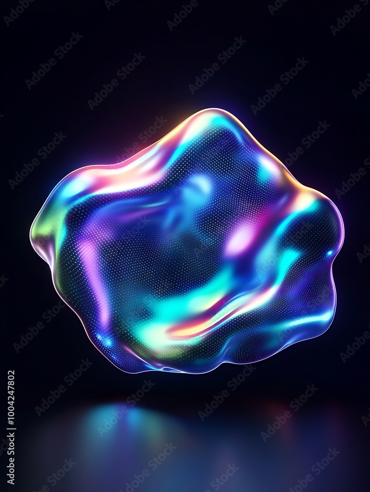 Poster a vibrant, abstract shape with colorful reflections, creating a dynamic visual effect against a dark