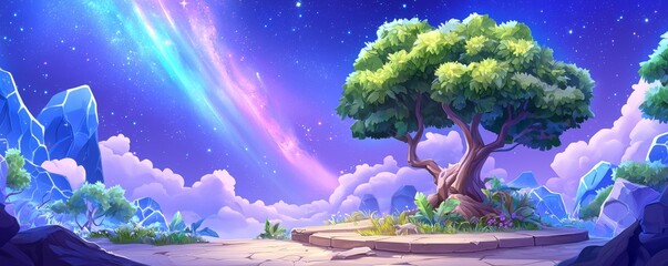 Northern lights on a Christmas tree in a forest in the winter