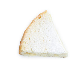 One piece of delicious sponge cake with powdered sugar isolated on white, top view