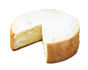 Delicious cut sponge cake with powdered sugar isolated on white