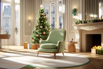 Decorative Christmas tree and fireplace in the room.