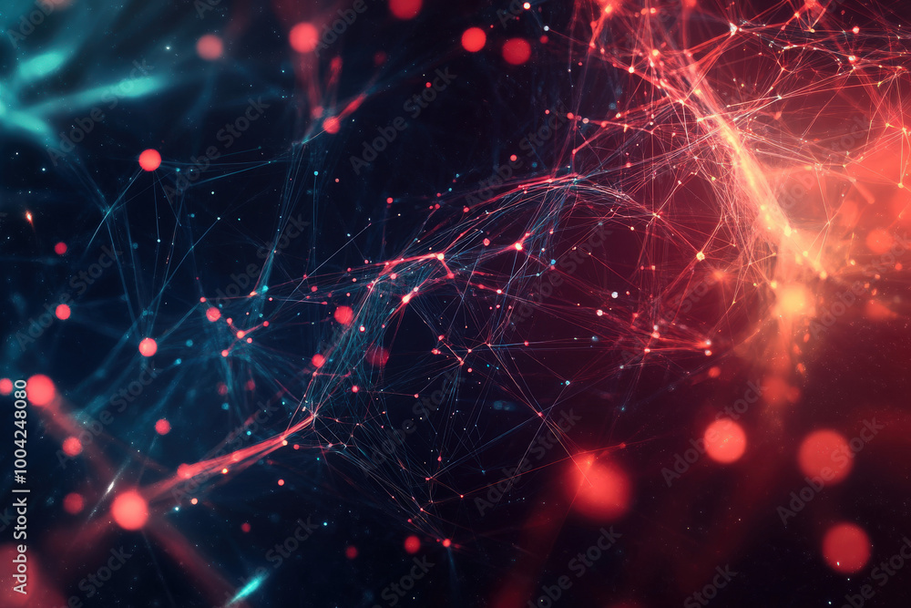 Poster exploring the vibrant connections of a digital universe filled with vibrant particles and luminous s