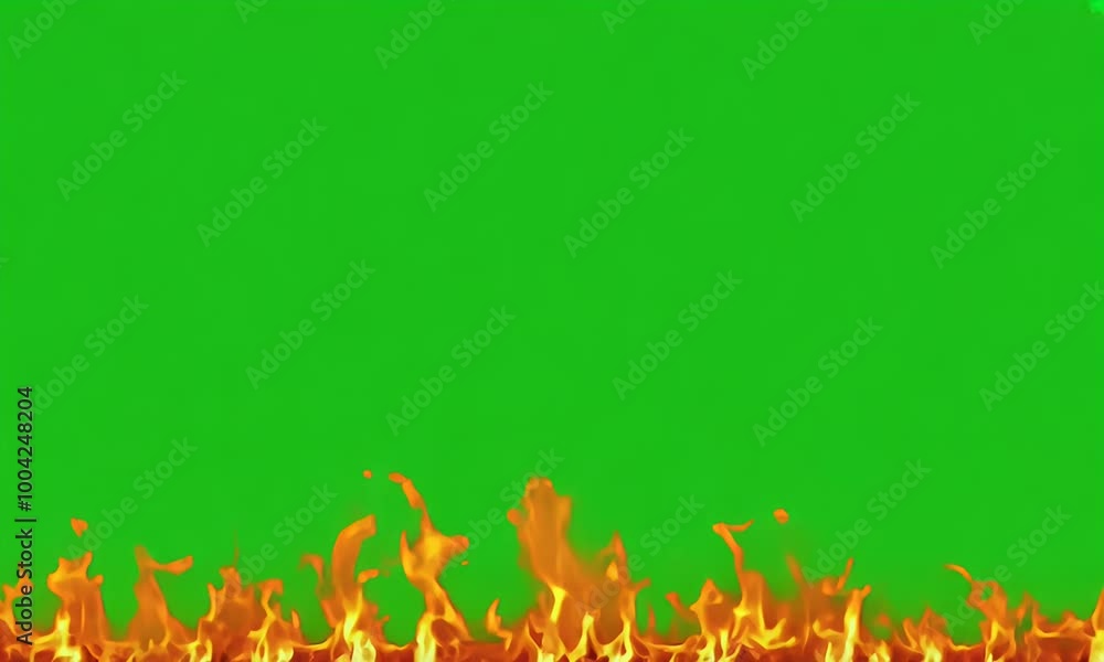 Poster dynamic fire flames flicker gently against a green screen, ideal for use in visual effects and creat