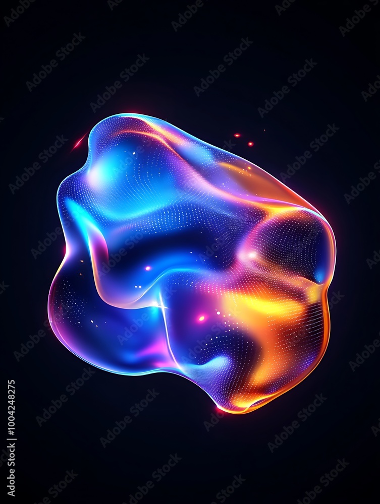 Poster a vibrant abstract shape illuminated with blue and orange hues against a dark background, showcasing