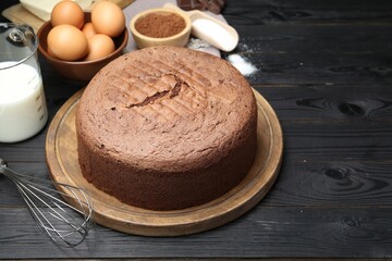 Tasty chocolate sponge cake and ingredients on black wooden table