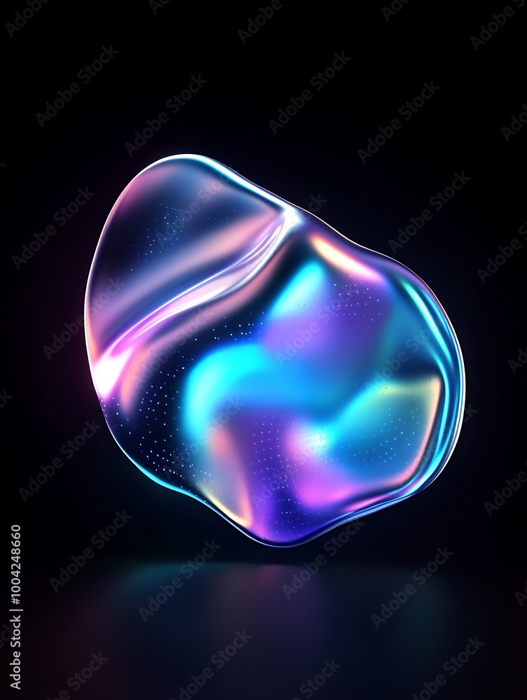 Poster a vibrant abstract shape with iridescent colors, displayed on a dark background, evoking a sense of 