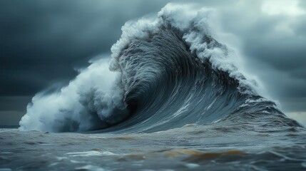 massive wave crashes dramatically against the shore on a cloudy day stirred by strong winds showcasing the fluid movement and raw power of the ocean in a breathtaking display