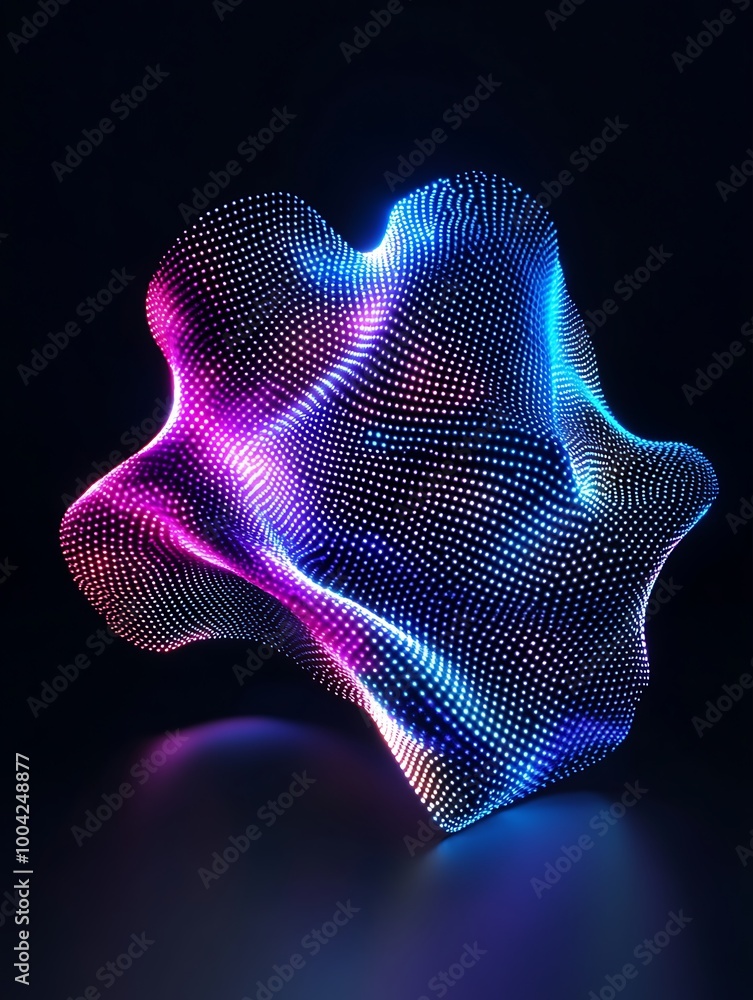 Poster a vibrant and dynamic abstract shape with glowing blue and purple dots, creating a visually stunning