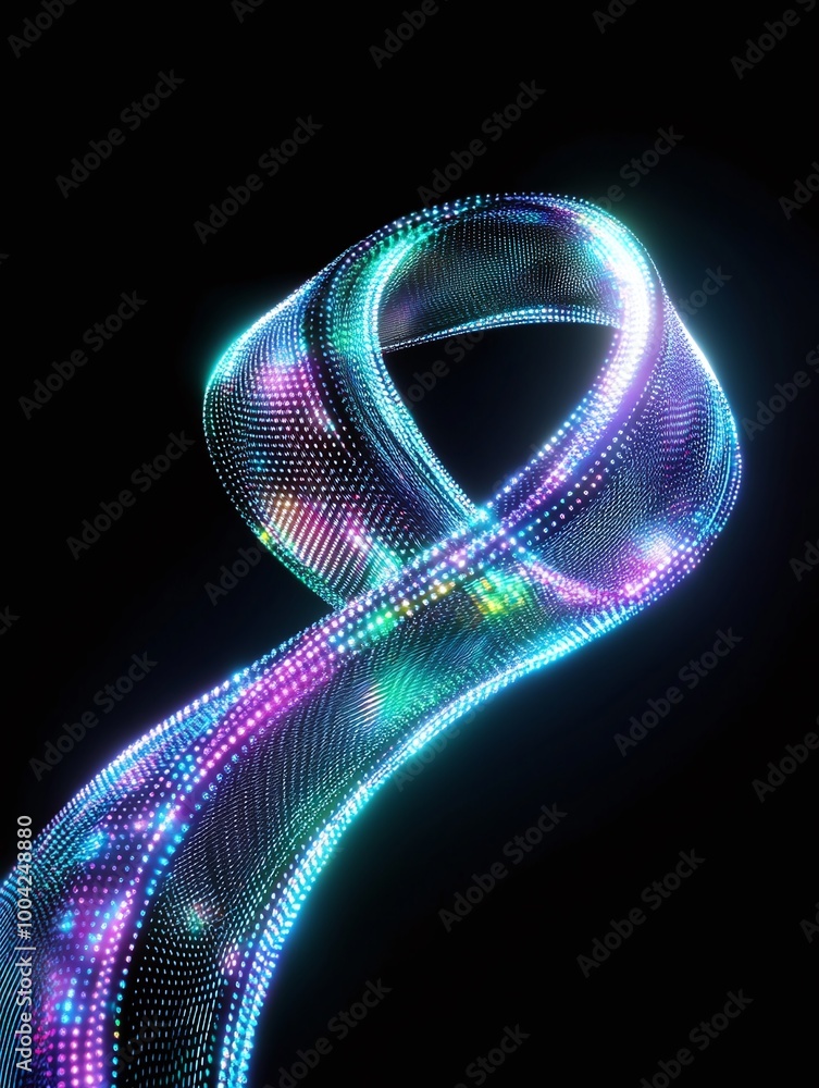 Poster a vibrant and colorful digital ribbon design with glowing particles, set against a black background.