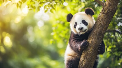 Adorable Panda Cub Climbing a Tree in Lush Green Forest