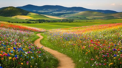 Vibrant and lush flower field with a winding dirt path leading through the colorful blooms rolling hills and a picturesque countryside landscape in the background cinematic lighting and composition