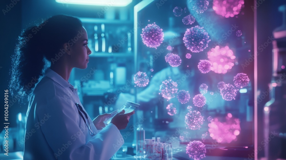 Fototapete A scientist in a laboratory examines data on a digital interface displaying colorful virus models. The high-tech environment highlights advanced research methods and the importance of virology.