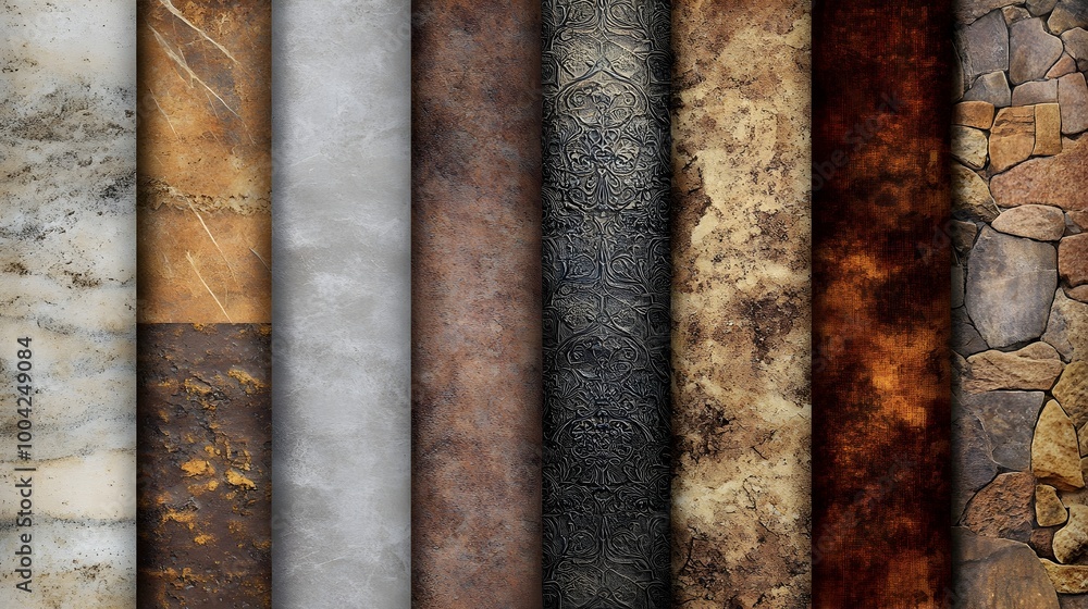 Poster Assortment of background textures featuring a range of natural materials like stone wood fabric metal and glass with intricate surface patterns and a warm earthy color palette