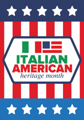 Fototapeta premium Italian American Heritage Month. Happy holiday celebrate annual in October. Italy and United States flag. Culture month. Patriotic design. Poster, card, banner, template. Vector illustration