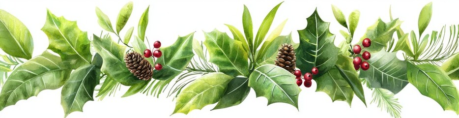 Fototapeta premium Watercolor banner with poinsettias, cones, ilex, holly berries. Repeating garland on transparent background.