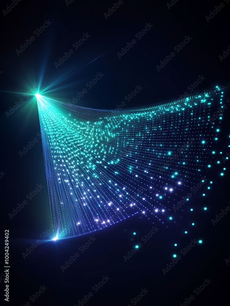 Poster a vibrant display of light beams and particles on a dark background, creating a sense of motion and 