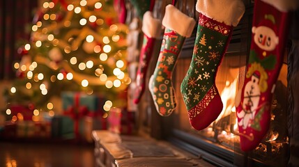 Cozy Christmas Eve with Stockings Hanging by the Fireplace and Decorated Christmas Tree with Lights