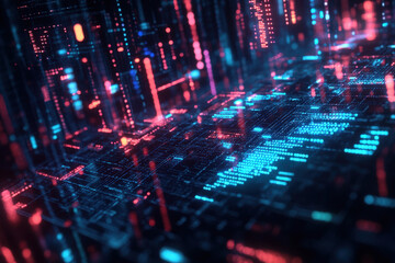 Obraz premium A vibrant digital landscape illuminated by glowing data streams and futuristic patterns at dusk, showcasing modern technology's allure. Generative AI