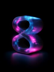 A vibrant digital representation of the number eight, glowing in blue and pink against a dark background. A minimalist poster in metallic and chrome gradient style.
