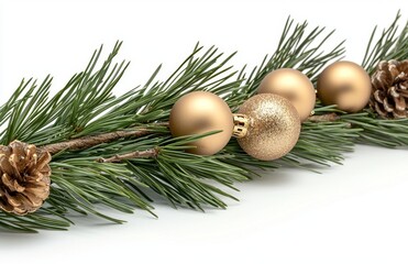Christmas decorations and pine twigs isolated on a white background