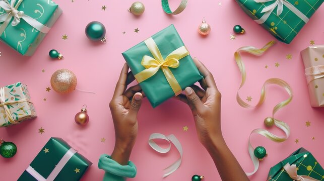 Top View of Hands Holding a Gift Box Wrapped in Green Paper with Christmas Ornaments on Pink Background