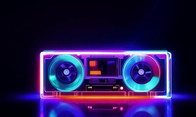 Neon cassette tape with glowing blue and red lights on a dark background for retro music design