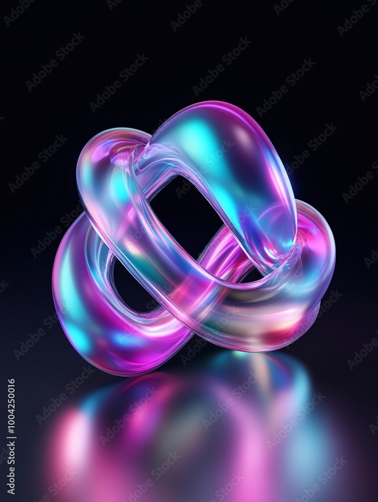 Poster a vibrant, colorful abstract loop sculpture with smooth reflective surfaces on a dark background. a 