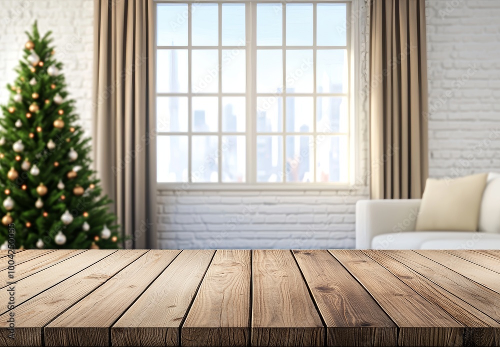 Poster an empty table in front of a christmas tree with decorations in the background