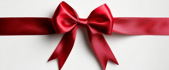 A large red ribbon bow in the center of a straight piece of ribbon, isolated against a transparent background, suitable for a birthday or Christmas banner