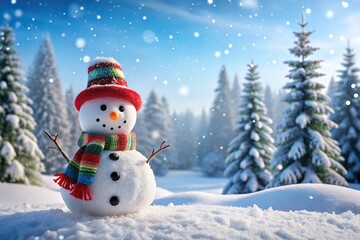 Fototapeta premium Panoramic snowman in Christmas snowfall winter scenery